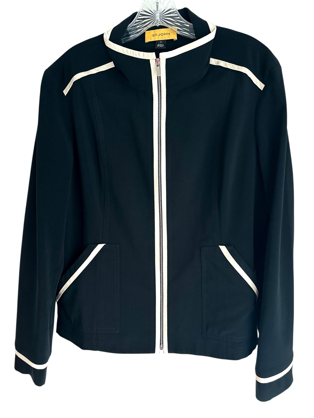 St. John Black Zip Down Bomber Jacket with White Trim Size Medium
